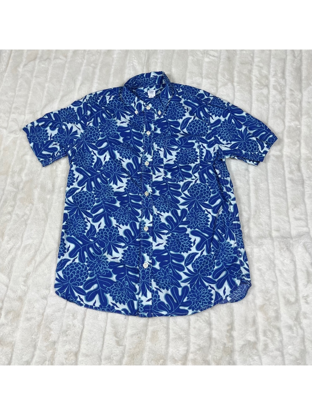 Gap Boys XL Blue White Casual Button Down Short Sleeve Leaf Floral Print Shirt